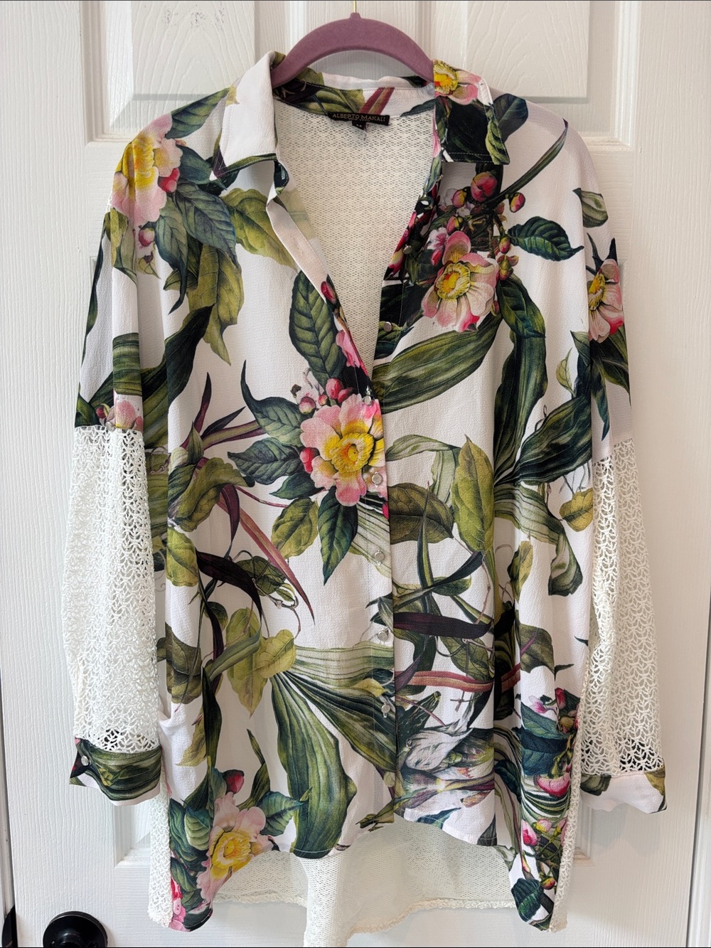 Alberto Makali Tropical Floral Crocheted Sleeve & Back Button-Down Shirt